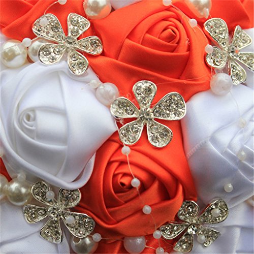 S_SSOY Wedding Bouquet Bride Bridal Brooch Bouquets Bridesmaid Bouquet Diamond Pearl Ribbon Valentine's Day Confession Party Church with Free Corsage Flower, Orange+White - color: Orange+white