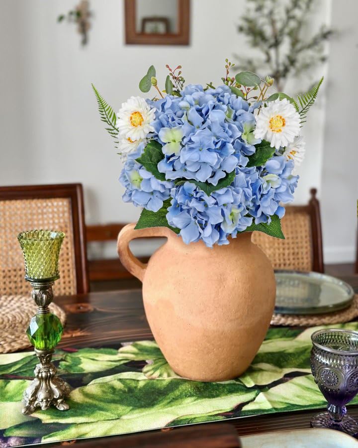 GnFlus Artificial Hydrangea Flower Stems 12PCS Blue Faux Hydrangea & Daisy Silk Flowers Realistic Fake Flowers for Vase Centerpiece Wedding Bridal Bouquet Party Home Decor - color: Hydrangea, Blue, size: 1 Pack