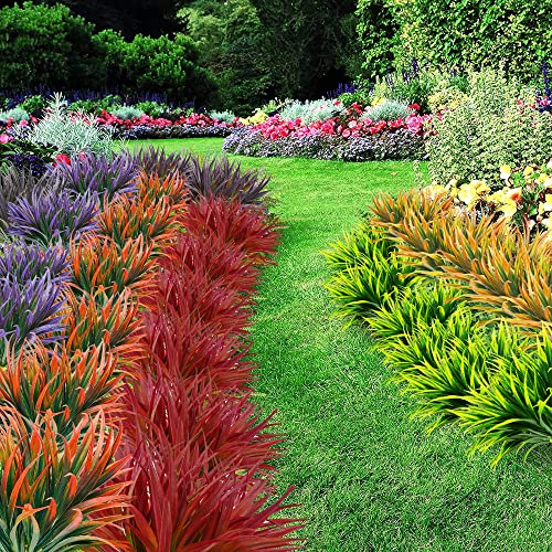 16 Pcs Outdoor Fake Plants UV Resistant Artificial Tall Grass Plants Faux Tropical Flowers Bushes Fall Winter Summer Planters Yard Patio Front Porch Décor Plastic Greenery Shrubs Decoration - color: Yellow Grass Plant, size: 16 Pcs