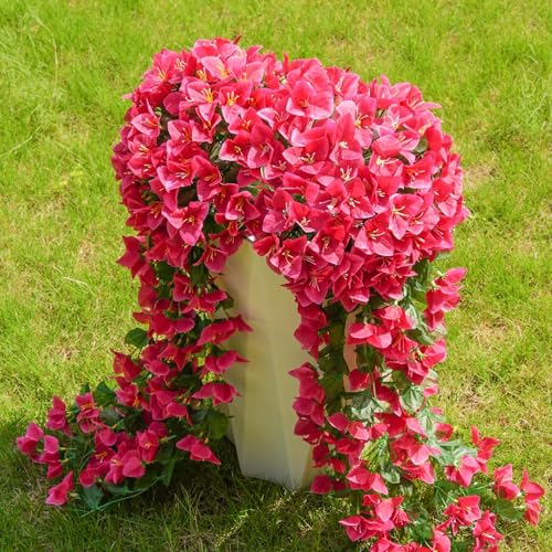ATTGREAT Artificial Bougainvillea for Outdoors Faux Plants UV Resistant Flowers Fake Plastic Plants Realistic Silk Flowers for Porch Planter Garden Outside Hanging Decoration, 2Pcs (Rose Red) - color: Rose Red