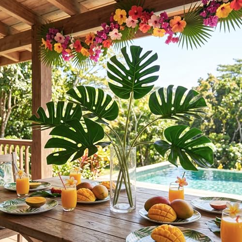 6 PCS Artificial Monstera Leaves Plant Faux Palm Large Leaf Realistic Fake Monstera Leaves with Stem for Home Wedding Tropical Luau Hawaiian Jungle Party Decoration - color: 6pcs Monstera Leaves