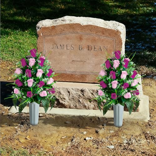 Artificial Cemetery Flowers - Set of 2 Grave Memorial Rose Flowers with Vase for Cemetery Headstones Gravesites Decoration (Purple & Pink) - color: Purple & Pink