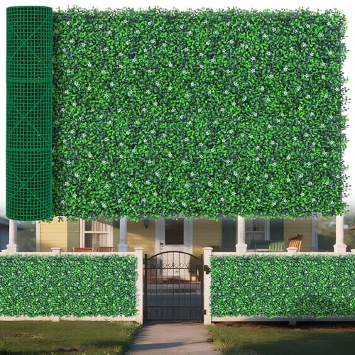 Yangrass Boxwood Roll Panels with White Flower, 48"x120" (40 sqft) Artificial Ivy Privacy Fence Screen, UV-Anti Faux Boxwood Roll Grass Wall Panels for Garden Patio Balcony Decor - size: 48x120inches