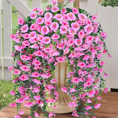 Artificial Flowers Fake Fall for Outdoor, 4 Pcs Faux Hanging Flowers Outdoor Fall Decor, No Fade UV Resistant Fake Mums Silk Flower for Front Door Porch Planters Patio Yard Garden autumn Pink - color: Pink