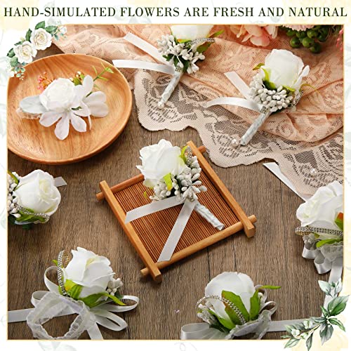 Geosar 20 Pcs Wedding White Corsage and Boutonniere Set Homecoming Artificial Corsage Wristlet and Boutonniere for Men Women Bride Bridesmaid Wedding Flowers Accessories Prom Suit Decorations - color: White