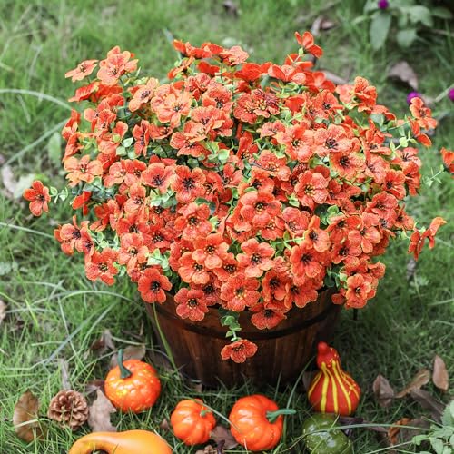 HyeFlora Artificial Fall Flowers Faux Mums for Outdoor Indoor Garden Home Decoration, Faux Flower Daisy with Eucalyptus Leaves Fake Mums Plants Greenery Boxwood Porch Patio, 12 Bundles (Orange) - color: Orange
