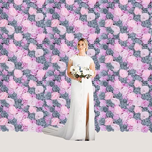 Flower Wall Panel, 6Pcs Artificial Rose Dahlia Flower Wall Mat Floral Backdrop Artificial Silk Flower Panels for Wall Decoration Wedding Party (Grey Purple, Pink)… - color: 6 Pcs Grey Purple, Pink