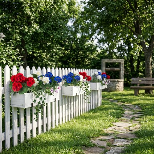 Hananona 12 Pcs Artificial Geranium Flowers for Outdoors Geranium Silk Red White Blue Flowers Outdoor UV Resistant Plants Faux Patriotic Flowers for 4th of July Home Decor (12, RedWhiteBlue) - color: Redwhiteblue