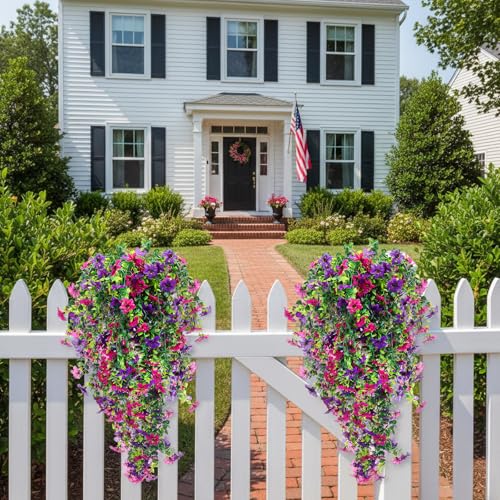 CEWOR 4pcs Artificial Hanging Plants for Outdoor, Fake Flowers Faux Silk Daisy with Eucalyptus, UV Resistant Realistic Faux Flower Greenery for Outside Indoor Home Porch Patio Decor, Purple - color: Purple Daisy