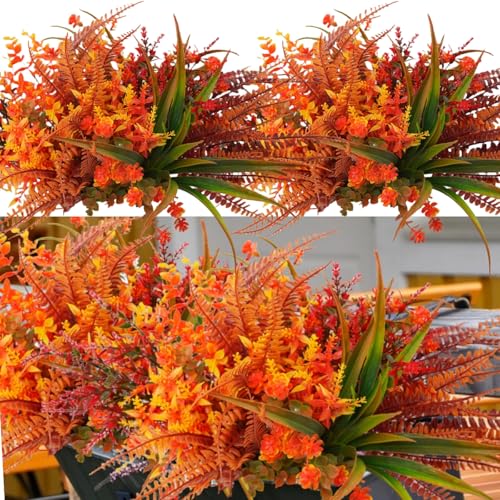 Artificial Fall Plants, 10 Bundles Faux Plants Autumn Indoor Outdoor Decoration Fake Plastic Mix Artificial Plant Flowers for Home Thanksgiving Christmas Wedding Party Porch Patio Garden Decor