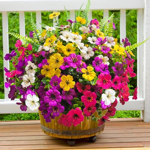 Artificial Fake Flowers for Outdoors,16 Bundles Artificial Plants Outdoor Faux Plants UV Resistant, Realistic Faux Silk Flower 6 Colors Spring Summer Decor for Porch Outside Planter Window Box - color: Redpurple-white, size: 16