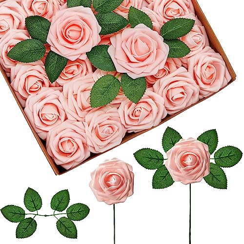 InnoGear Artificial Flowers, 50 Pcs Blush Foam Fake Roses Bulk with Stems for Decoration DIY Wedding Bouquets Centerpieces Bridal Shower Party Christmas Tree - color: Blush