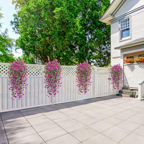 4 Pack Artificial Faux Hanging Flowers Plant for Outdoor, Fake Silk Morning Glory with Eucalyptus UV Resistant Realistic Trailing Vine for Wall Home Porch Patio Balcony Yard Indoor Decor, Rose Red - color: Rose Red