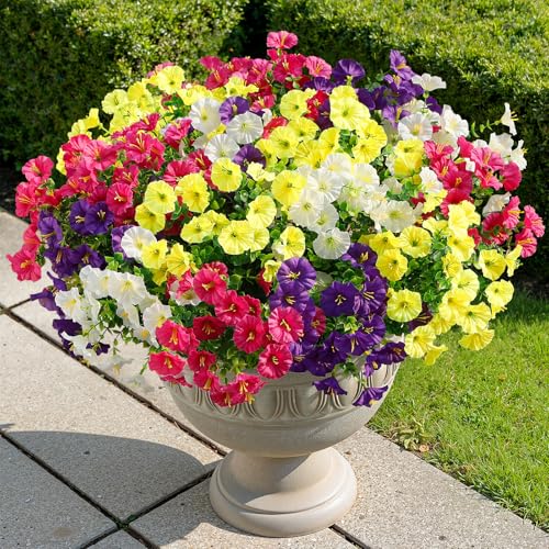 Alupssuc 24 Bundles Artificial Flowers for Outdoors, Faux Spring Flowers for Decoration, UV Resistant Silk Morning Glory with Eucalyptus Realistic Fake Flowers for Yard Planter Porch Garden, 4 Colors - color: Fuchsia, Deeppurple, Yellow, White