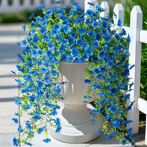 Ammyoo Artificial Hanging Flowers for Outdoors Faux Plants Spring Summer Decoration, 2 Pack Silk Colorful Daisy Realistic Fake Outdoor Flowers UV Resistant Porch Patio Window Yard Decor(Blue) - color: Blue
