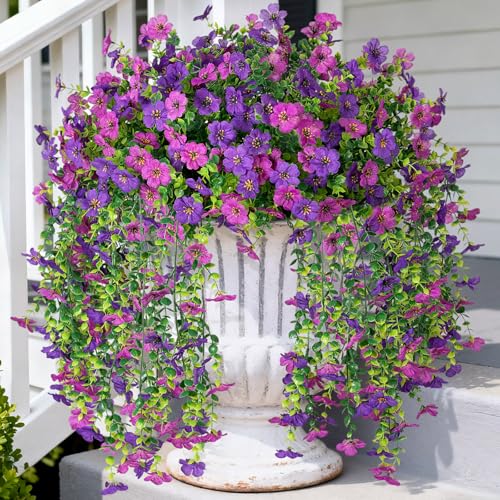 Hrobek 4 PCS Artificial Hanging Plants Flowers for Outdoor Srpring Summer Decoration, Fake Realistic Daisy Eucalyptus for Outdoors, Faux Plastic Greenery Long Vine Indoor Wall Patio Porch Decor - color: A-dark Purple Light Purple