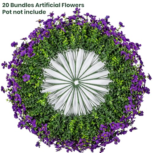 Lnoicy 20 Bundles Artificial Flowers for Outdoor Fake Plants for Spring Decoration,Faux Eucalyptus Flowers for Planter UV Resistant Lifelike for Home Porch Garden（Purple） - color: Purple