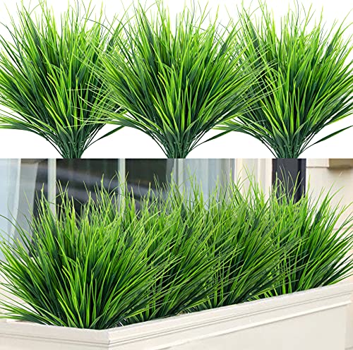 Ouddy Decor 12 Bundles Artificial Wheat Grass Outdoor UV Resistant Greenery Stems Plastic Shrubs for Garden Farmhouse Front Porch Window Box Home Decor - color: Light Green, size: 12 Bundles