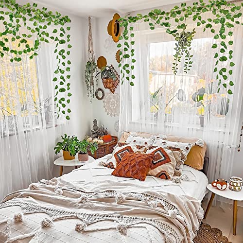 CQURE 14 Pack 98Ft Artificial Ivy Garland, Fake Vines UV Resistant Greenery Leaves Fake Plants Hanging Aesthetic Vines for Home Bedroom Party Garden Wall Room Decor