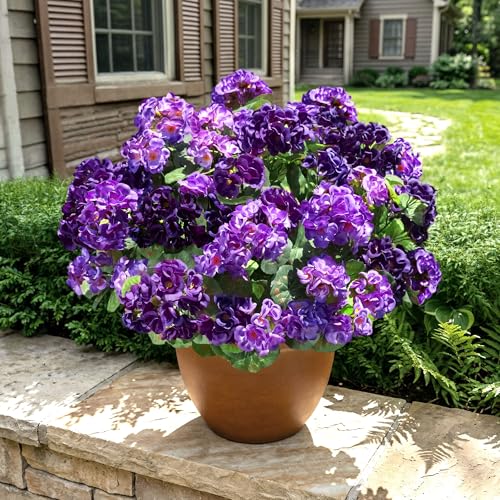 Fake Geraniums Artificial Flowers for Outdoors, 6 Bundles Silk Geraniums Flowers Realistic UV Resistant Fake Plants Faux Flowers for Outside Planters Front Door Garden Balcony Yard Porch Indoor, Mix - color: 3 Purple, 3 Dark Purple