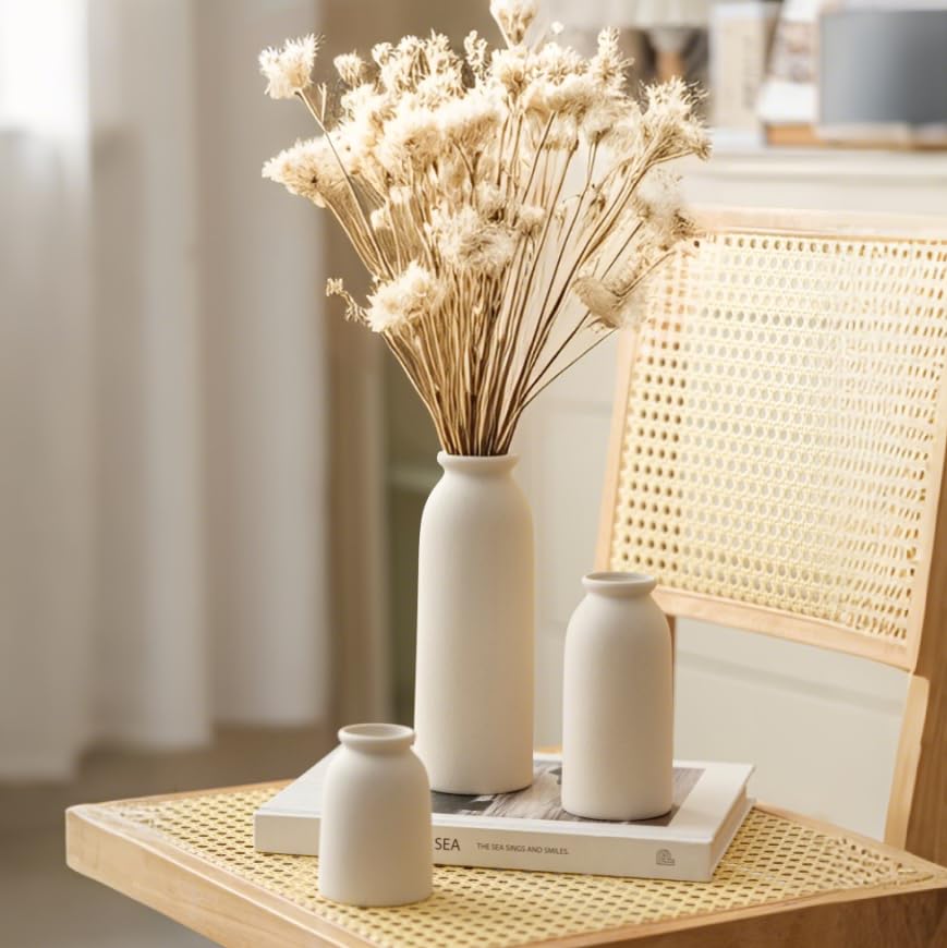 Ceramic Vase Set-3, Small Flower Vases for Decor, Modern Boho Farmhouse Style, Decorative Vases for Pampas Grass & Dried Flowers, Distressed Finish (Beige) - color: Beige