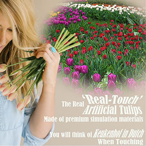 20pcs Artificial Tulip Flowers,16 Inch Real Touch Tulip Stems with Faux Leaves, Faux Tulips and Buds for Home Décor Centerpiece Ornament Wedding Bouquet,Champagne - color: Champagne