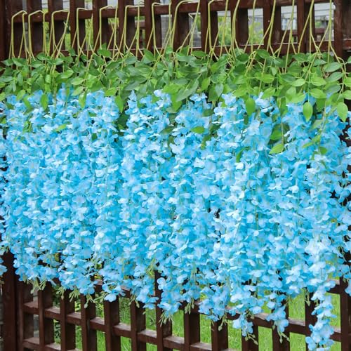 WEISPARK Wisteria Hanging Flowers - 12 Pieces 3.75 Feet/Piece Artificial Wisteria Vine Fake Ratta Hanging Garland Silk Flowers for Home Party Wedding Decor - color: Blue