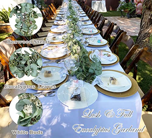 Ouddy Decor Eucalyptus Garland 6.56 Ft Lush Silver Dollar Leaves Boxwood with White Buds Artificial Faux Greenery Vines for Baby Shower Wedding Party Table Runner Room Home Mantle Decor - color: White, size: 1 Pack