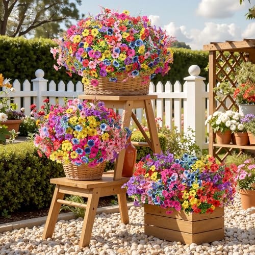 SHareconn 48 Bundles Artificial Flowers for Outdoors Decoration, Faux Plants Fake Silk Colorful Daisy Eucalyptus Lavender, UV Resistant for Outside Home indoor Spring Decor,RedRosyPurpleBlueYellowPink - color: Redrosypurpleblueyellowpink