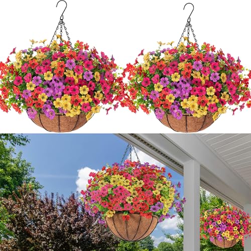 Orgrimmar 2pcs Artificial Hanging Flowers Basket Outdoor Fake Hanging Plant | UV Resistant Realistic Silk Flowers Eucalyptus in Coconut Lining Baskets for Home Porch Balcony Patio Yard Muti-Color - color: Multi Color