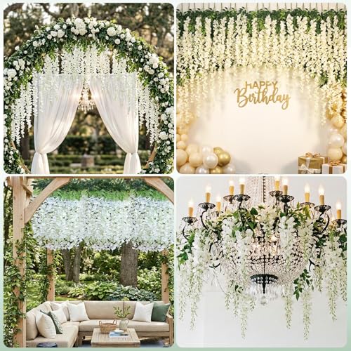 24 Pack Wisteria Hanging Flowers, Fake Hanging Flowers, 3.61 Ft Artificial Flower Vines Strings, Silk Wisteria Flowers for Home Wedding Arch Outdoor Party Garden Yard Decor (White) - color: White, size: 24 Pack