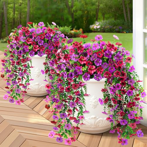 BlessedSeason 4 Pcs Artificial Hanging Flowers, UV Resistant Fake Flowers with Flexible Stems, Full Bundle Faux Flowers for Outdoor Planters, Zero Maintenance for Patio, Garden, Balcony, Red Purple - color: Red Purple, size: 4 PCS