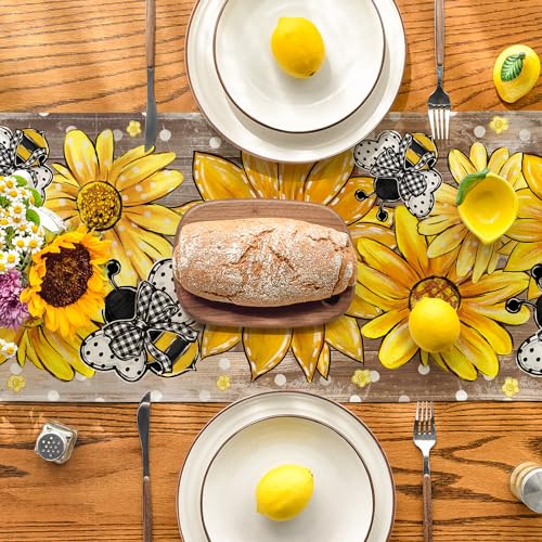 Artoid Mode Wood Sunflower Bee Flower Polka Dot Summer Table Runner, Seasonal Kitchen Dining Table Decoration for Home Party Decor 13x120 Inch - color: Wood, size: 13" x 120", Table Runner