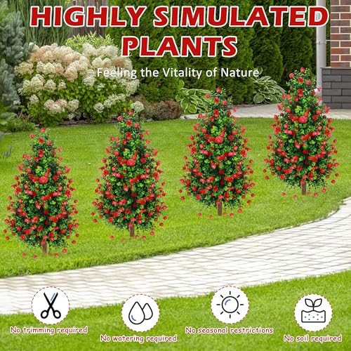 Sunnyglade 2 Packs 27.5" Artificial Rose Tree, Fake Rose Shrub Bushes Trees with Spike Faux Topiary Plants Tree for Indoor, Garden, Yard, Porch, Patio Decor - color: Red