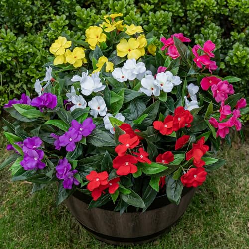 Nigirior Artificial Fake Flowers for Outdoor Décor 5 Bundles UV Resistant Fake Plants for Planter Faux Impatiens for Home Porch/Garden Stunning（5 Color） - color: 5 Color