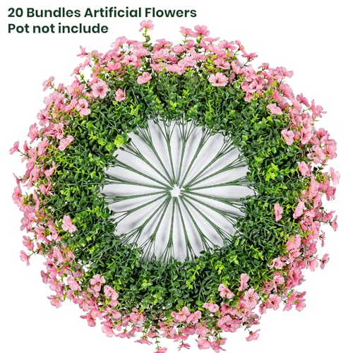 Lnoicy 20 Bundles Artificial Flowers for Outdoor Fake Plants for Spring Decoration,Faux Eucalyptus Flowers for Planter UV Resistant Lifelike for Home Porch Garden（Pink） - color: Pink