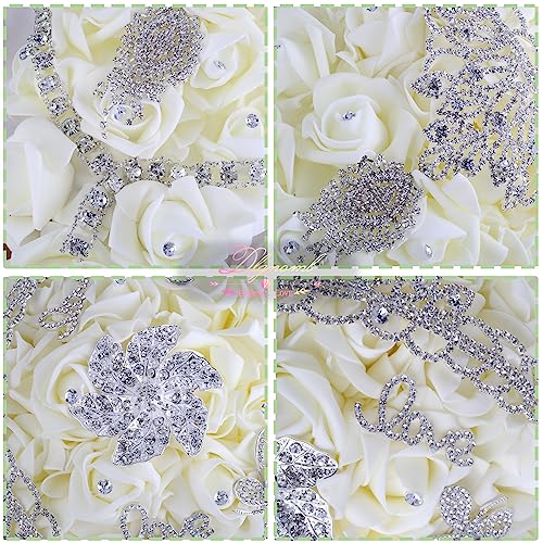 Wedding Bouquets for Brides or Bridesmaids Brick and Stone Decoration Pearl Embellishment Roses Bridal Bridesmaid Wedding Hand Bouquet Artificial Fake Flowers.(Cream) - color: Clear