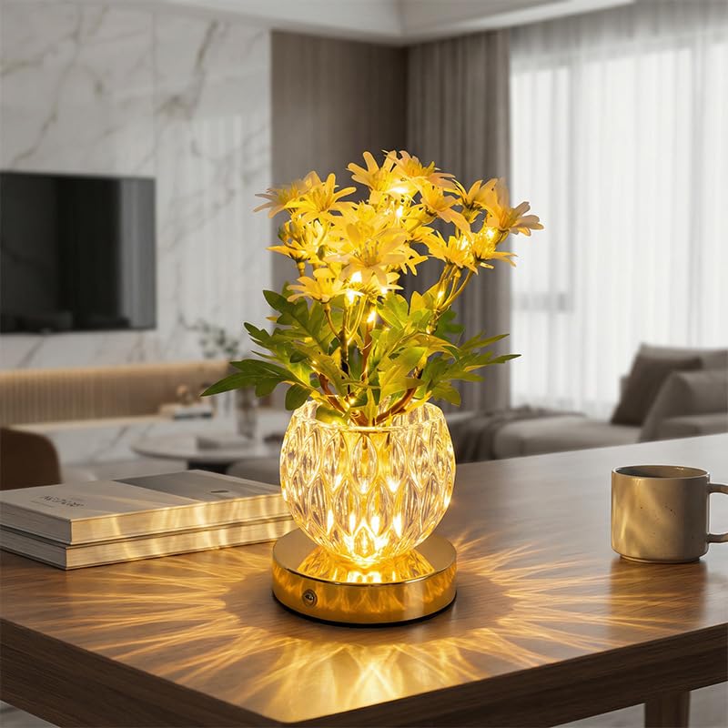 Flower Table Lamp, 3 Colors Touch Stepless Dimming Daisy Night Light, Rechargeable Artificial Flower Light, LED Flower with Vase Lamp Romantic Decor for Date Party Home (Yellow - Daisy) - color: Yellow - Daisy