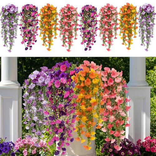 8 Packs Artificial Hanging Flowers for Outdoors Fake Morning Glory for Home Decoration UV Resistant Mixed Color Greenery and Flowers for Porches Gardens Yard Decor (Mixed-Color) - color: Mixed-color