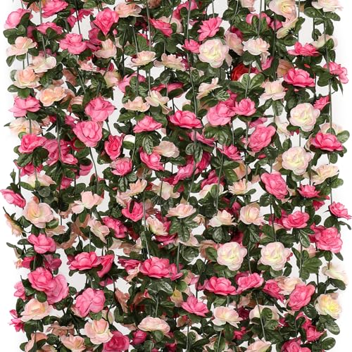 KHOYIME 9 Pack 72 FT Artificial Flower Garland, Fake Pink Roses Vines Silk Flowers Faux Plastic Outdoor Hanging Floral Ivy Garland Decorations for Wedding Arch Bedroom Home Wall Backdrop Room Decor - color: Pink, size: 9pcs