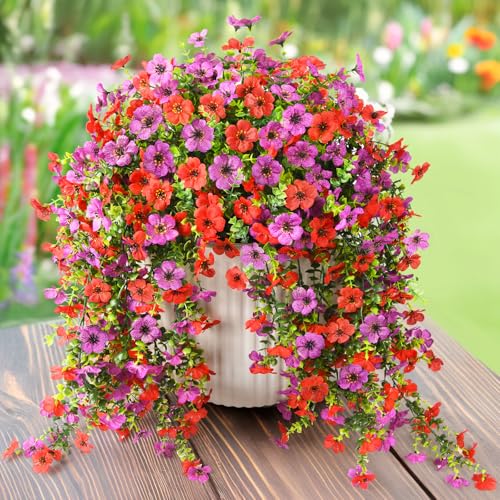 ZFProcess Artificial Hanging Flowers Plants for Outdoor Spring Summer Decoration,2PCS Faux Silk Daisy UV Resistant Look Real for Outside Home Indoor Planter Porch Window Yard Decor(Red Purple) - color: Z Red Purple