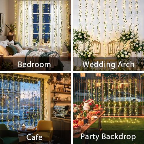 suddus 300 LED Vines with Lights Plug in, 9.8ft x 9.8ft Fairy Lights with Vines, Pothos Curtain Lights for Wall, Bedroom, Dorm, Wedding, Party, Indoor, Outdoor Decor(Warm White) - color: Pothos, size: Plug In-300Led
