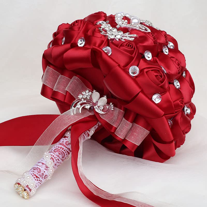 Wedding Bouquets Crystal Satin Rose Bride Bridal Bouquet Romantic Bridesmaid Holding Flower for Valentine's Day Confession Party Church Decor (Wine Red) - color: Wine Red