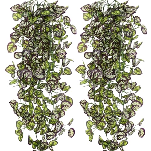 2-Pack Fake Hanging Plants, Faux Hanging Plant Artificial Greenery for Living Room Bedroom Boho Wall Shelf Indoor Outdoor Decor (Purple Feather Leaf) - color: Purple Feather Leaf