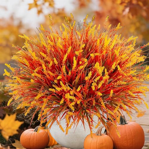 Artificial Fall Flowers Faux Mums Burnt Orange Flowers for Outdoor Planters, Marigold for Vase Table Floral Arrangement for Wedding Home Porch Thanksgiving Outdoor Autumn Decorations (Brown, 12 PCS) - color: Brown