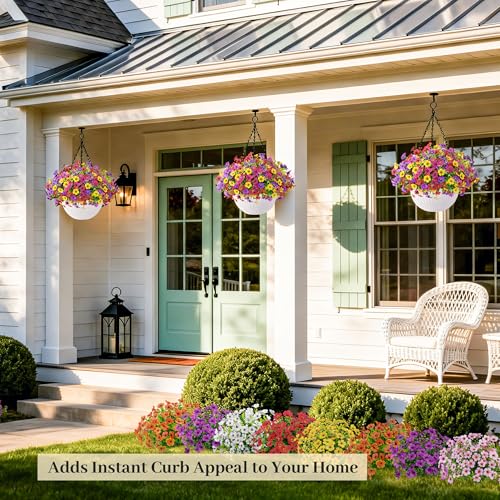 Der Rose 2 Pack Artificial Hanging Flowers Basket for Faux Plants Outdoor Spring Summer Decoration UV Resistant Fake Flowers for Patio Balcony Farmhouse Decor