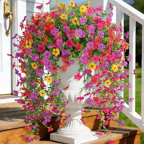 8 PCS Fake Artificial Hanging Flowers for Outdoors Decoration, Faux UV Resistant Artificial Outdoor Flowers, Fake Plants Look Real Daisy No Fade Spring Decor for Porch Home Patio Balcony and Yard - color: Hanging Flower (4 Multicolor)