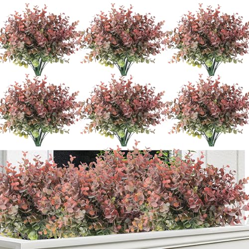 RECUTMS 20Pcs 13Inch Artificial Boxwood Greenery Stems Faux Eucalyptus Leaves Bouquet Fake Bushes Shrubs Plants for Summer Farmhouse Vase Outdoor Planter Wedding Party Garden Office Decor(Dusty Red) - color: Dusty Red, size: 20 Pcs