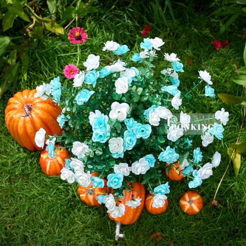 PONKING Artificial Flowers for Outdoors Patio Decoration 6 Bundles Fake Flower Rose Head UV Resistant Faux Plants Yard Garden Porch Home Boxwood Patio Independence Day Decor, Mix Blue & White Flower - color: C White Blue Rose 6pcs