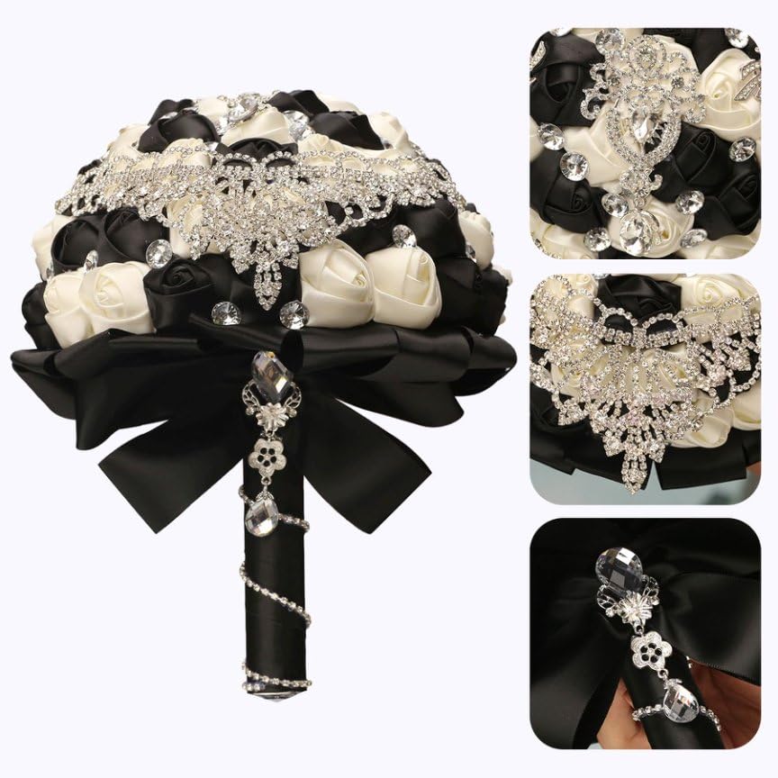 Handmade Luxury Wedding Bridal Bouquet Large Silk Rose Holding Toss Artificial Flowers Bouquets with Satin Ribbon Pearls Rhinestone for Bride Vintage Royal Wedding Bouquet (Black+Ivory) - color: Black+ivory